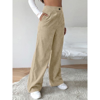 Women Corduroy Solid Color Pleating Pocket Ankle Length Side Pockets Retro Pants