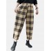 Women Plaid Color Block Elastic High Waist Side Pocket Harem Pants