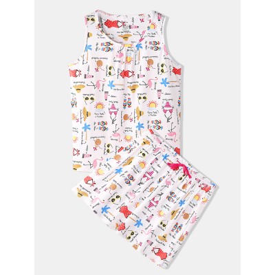 Plus Size Women Funny Cartoon Print Home Sleeveless Softies Vest Pajama Set