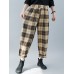 Women Plaid Color Block Elastic High Waist Side Pocket Harem Pants