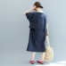 baggy dark blue long cotton dresses plus size o neck tie waist caftans vintage short sleeve dresses