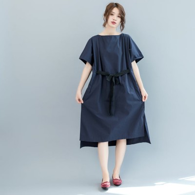 baggy dark blue long cotton dresses plus size o neck tie waist caftans vintage short sleeve dresses