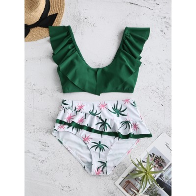 Floral Printed High Waist Sleeveless Ruffle Backless Tankinis Swimwear