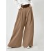 Women Solid Color Elastic Waist Pleats Wide Leg Pants With Pocket