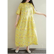 Women yellow prints cotton clothes For Women stand collar A Line summer Dresses