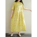 Women yellow prints cotton clothes For Women stand collar A Line summer Dresses