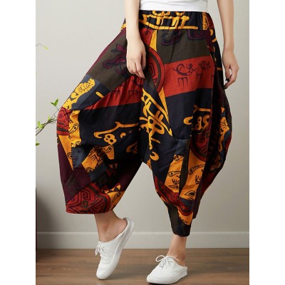 Ethnic Print Pocket Asymmetrical Elastic Waist Loose Casual Cropped Pants