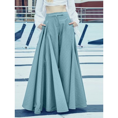 Women Loose Wide  Legged Solid Color Pleated Side Pockets Zipper Buttons Maxi Length Casual Pants