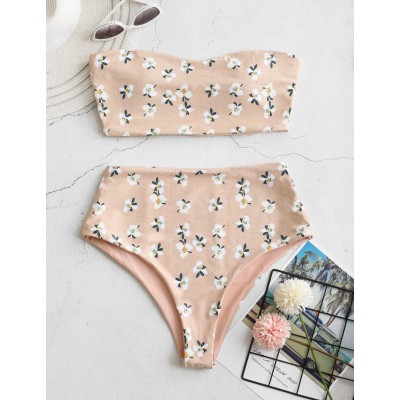 Strapless Flora Printed High Waist Bikini