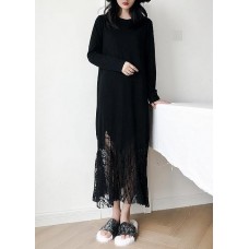 Italian black cotton dress hollow out Maxi summer patchwork Dress