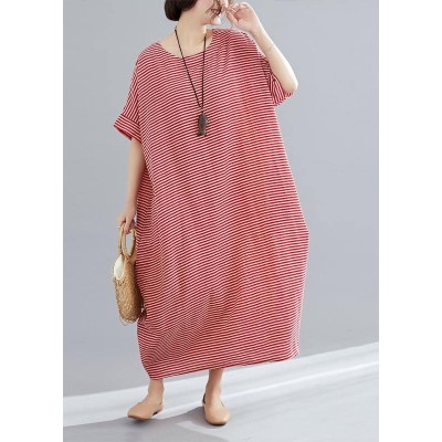 DIY red striped cotton tunics for women Plus Size Tutorials o neck A Line Summer Dresses