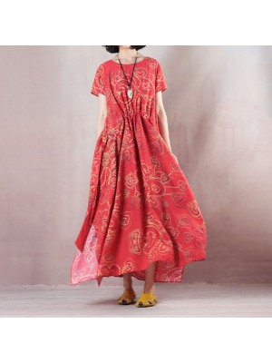 stylish red linen maxi dress casual O neck print traveling clothing women short sleeve baggy dresses linen caftans