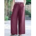 Women Solid Color Lace  Up Vintage Embroidery Wide Leg Pants With Pocket