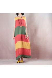 New multicolor striped linen maxi dress trendy plus size O neck linen maxi dress Fine Sleeveless baggy dresses