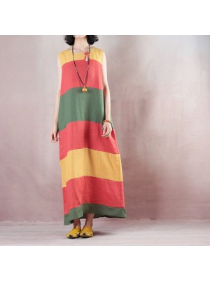 New multicolor striped linen maxi dress trendy plus size O neck linen maxi dress Fine Sleeveless baggy dresses