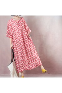 fine red linen dresses oversized o neck print linen gown vintage half sleeve baggy dresses