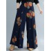 Women Vintage Floral Print Elastic Waist Casual Loose Wide Leg Pants With Pocket